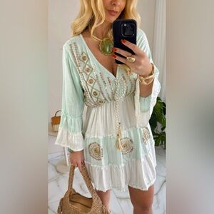 Palak | Mint and White Boho Sequined Midi Dress